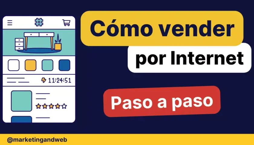 Ilustración de un teléfono móvil mostrando un escritorio y un carrito de compras, con el texto "Cómo vender por Internet paso a paso", ideal para el desarrollo de ecommerce.