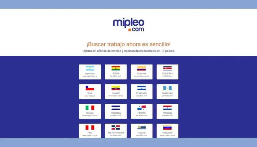 Página web de Mipleo.com, con el lema "¡Buscar trabajo ahora es sencillo!". Muestra banderas y enlaces a aplicaciones para buscar trabajo en España y otros 16 países.