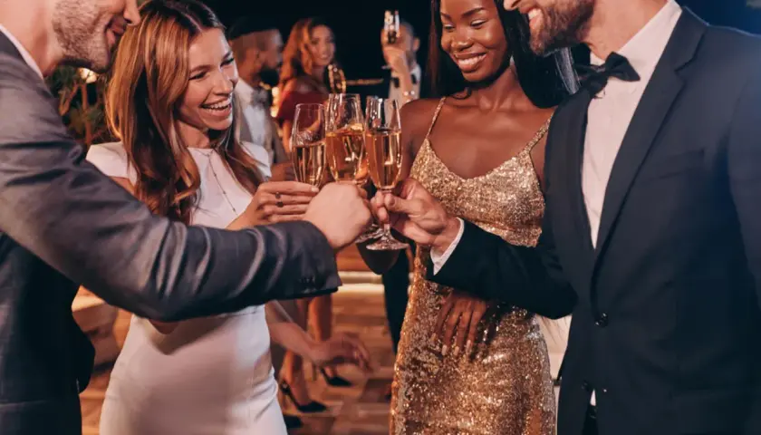 Pareja brinda con champán en una fiesta elegante. Ella luce un vestido dorado brillante, un look perfecto para una **black tie mujer**.