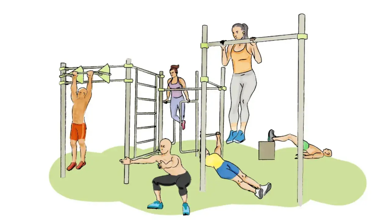 Personas entrenando calistenia que es un ejercicio con peso corporal en barras y estructuras.