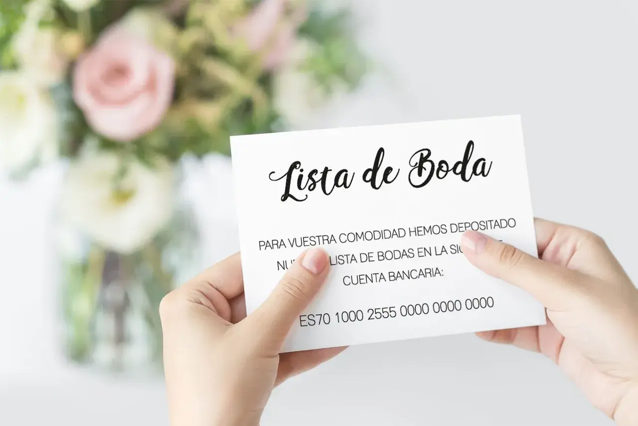 Tarjeta con "Lista de Boda" y detalles bancarios, sostenida por una mano.