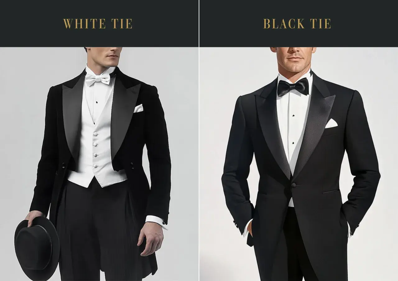 Dos hombres con trajes formales. El de la izquierda, con frac y chaleco blanco, lleva un sombrero de copa. El de la derecha, con esmoquin, luce un elegante black tie.
