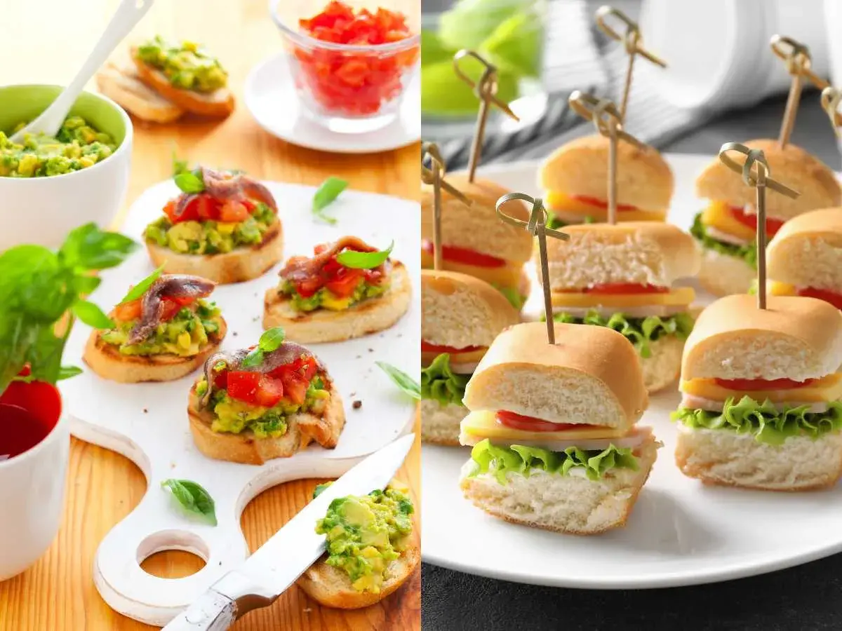 Deliciosos aperitivos para comuniones: bruschettas con aguacate y anchoas, y mini hamburguesas con queso y lechuga.