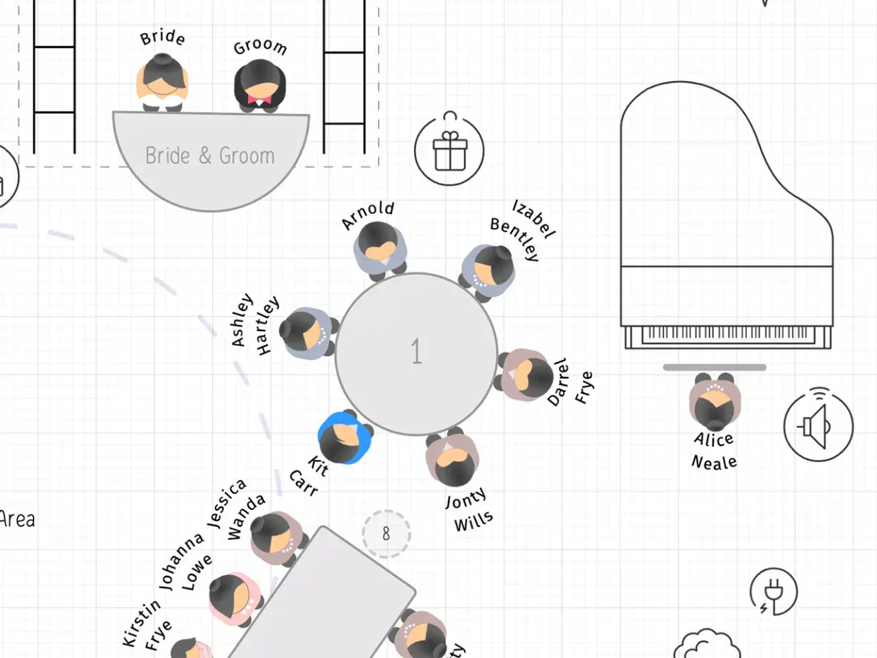 Diagrama de distribución de mesas para una boda. Muestra cómo poner los nombres en las mesas, con invitados asignados a cada una.