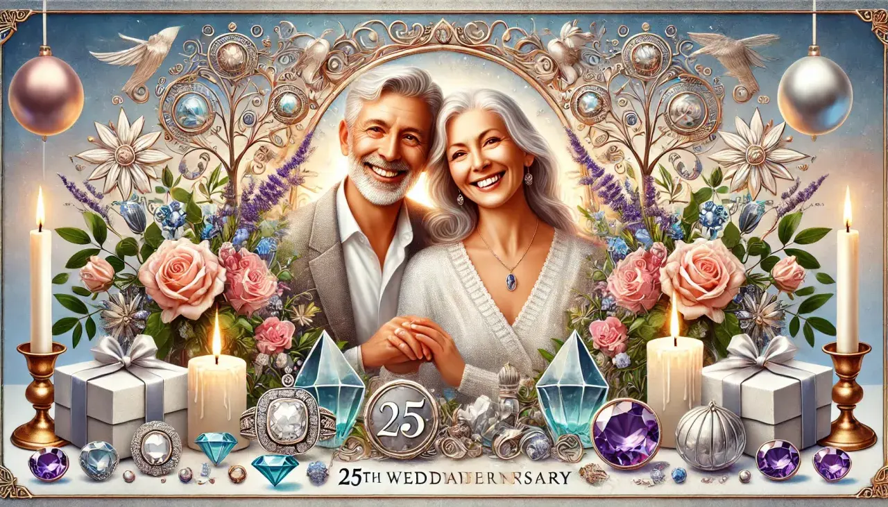 Pareja sonriente celebra 25 años de casados. Ideas para bodas de plata: regalos, joyas y flores adornan la escena.