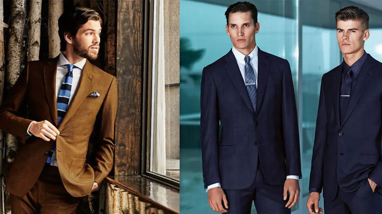 Hombres con trajes elegantes, uno marrón y dos azul marino, listos para un dress code gala.