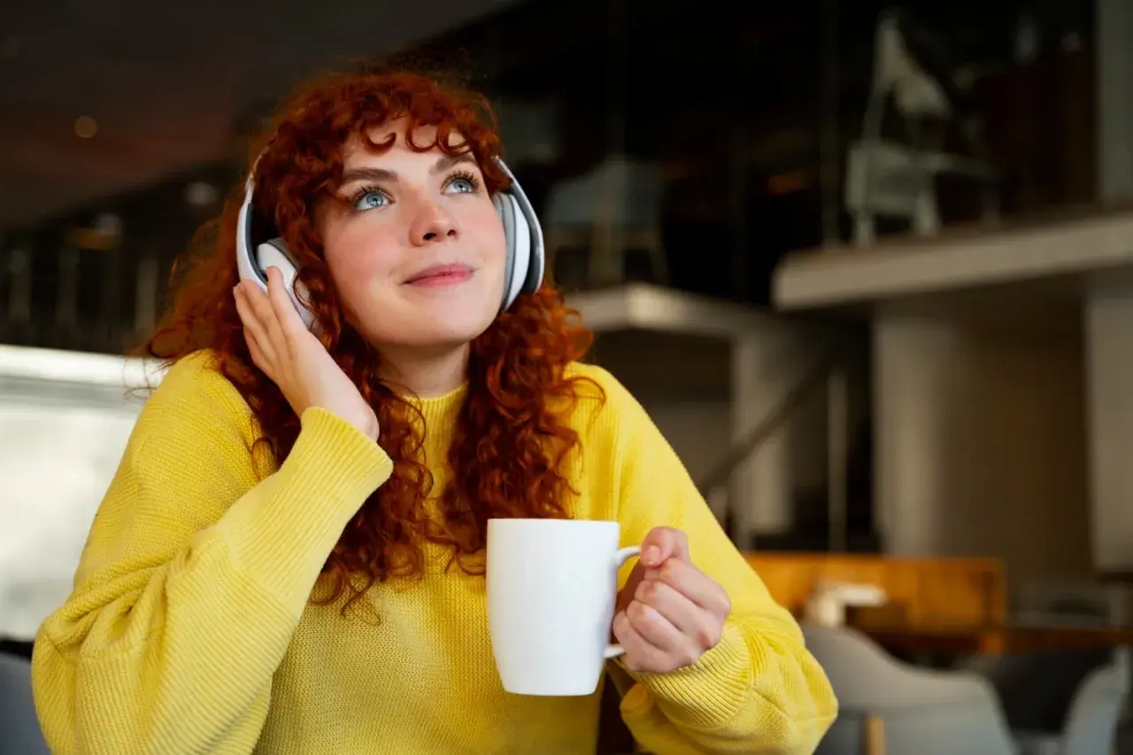 Chica con cabello rizado y suéter amarillo, con auriculares y taza, disfrutando de lo que parece ser la mejor manera de aprender inglés.