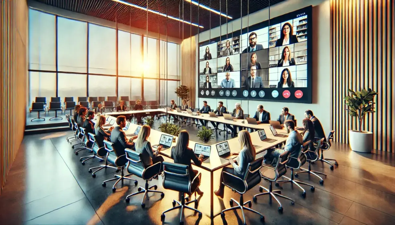 Sala de conferencias moderna con personas reunidas alrededor de una mesa y participantes en pantalla, ideal para eventos híbridos.