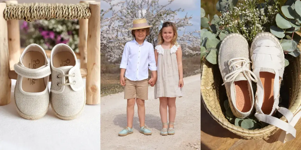 Un niño y una niña, como pajes, lucen calzado de esparto. Zapatos de tela y esparto en cestas y sobre un taburete.