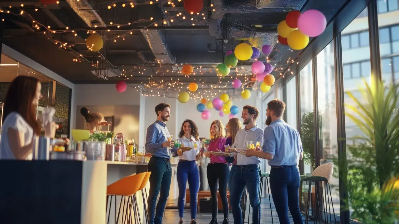 Gente celebrando en una fiesta de oficina, con globos y luces. Un ejemplo de eventos corporativos alegres.