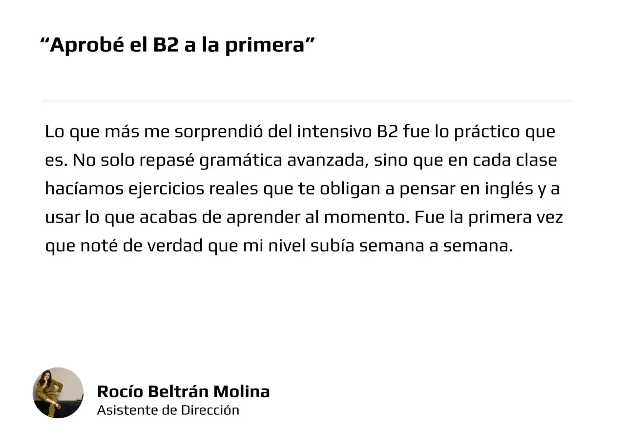 Testimonio de Rocio: "Aprobé el B2 a la primera". El mejor curso inglés B2 online gratis, práctico y con ejercicios reales.