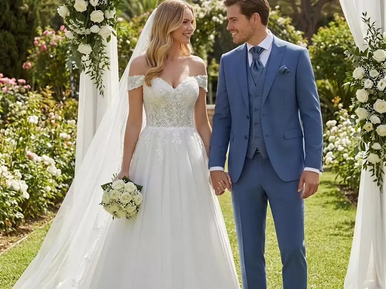 Novia con vestido blanco y novio con traje azul, perfectos para el dress code bodas.