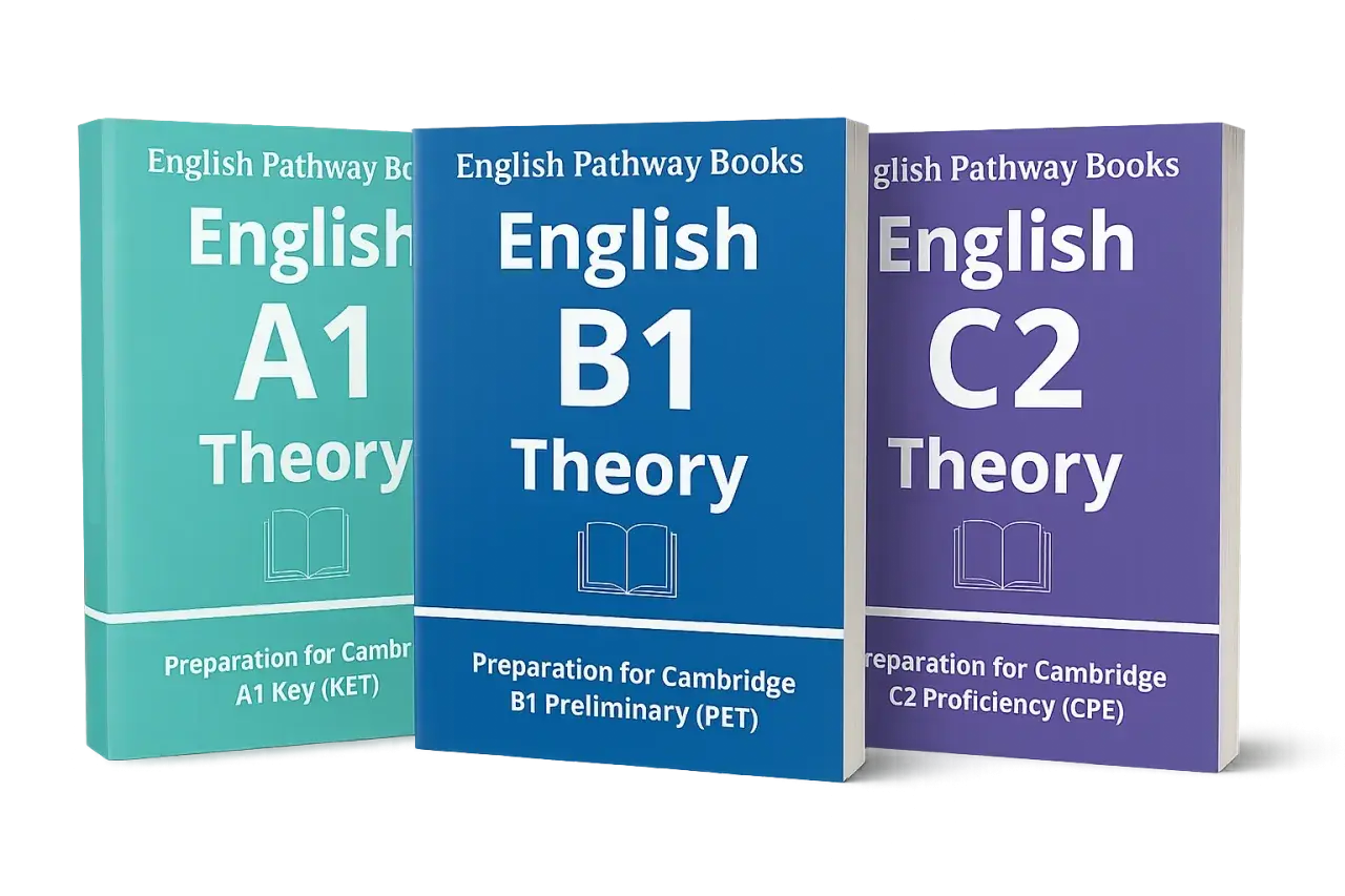 Libros de teoría de inglés para distintos niveles: A1, B1 y C2. Preparación para exámenes Cambridge.