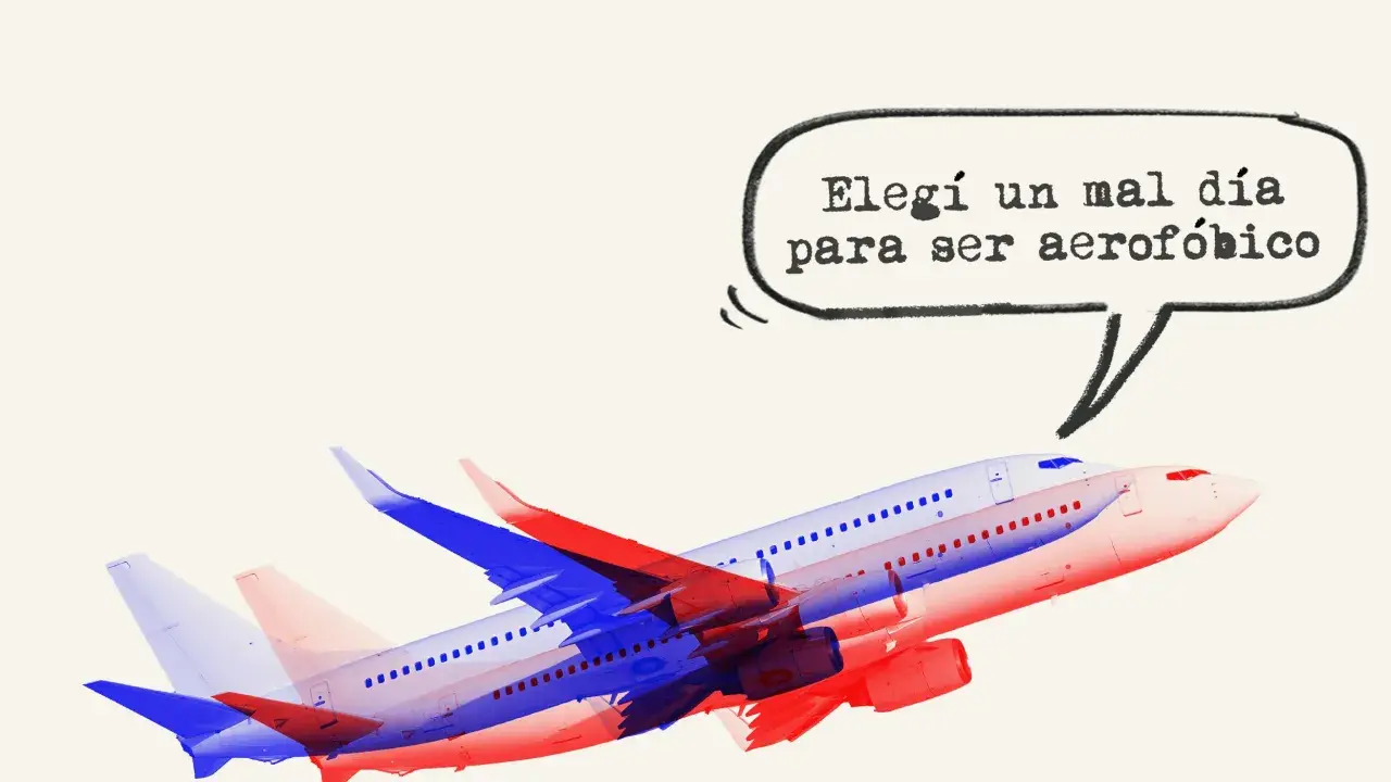Aviones superpuestos en rojo y azul. Una burbuja de diálogo dice: "Elegí un mal día para ser aerofóbico". Frases para perder el miedo a volar.