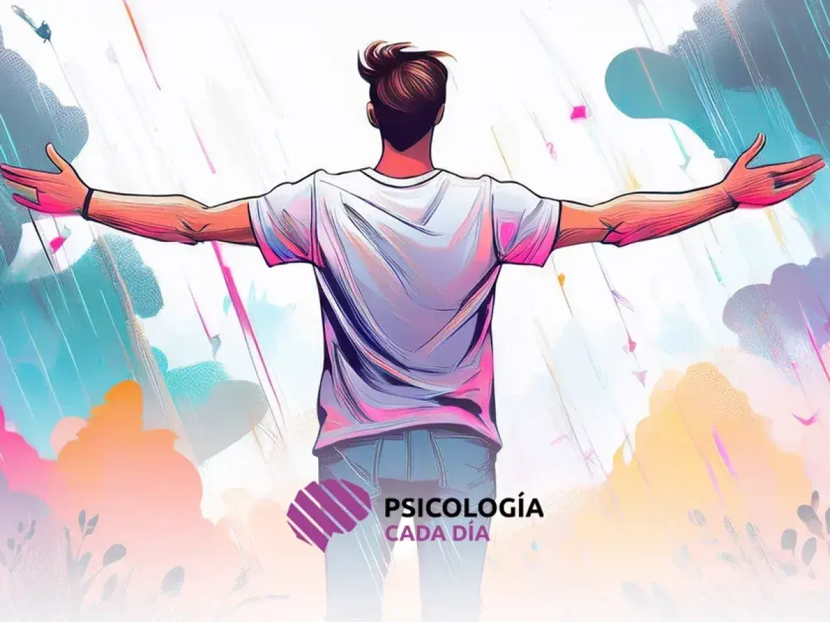 Hombre con brazos extendidos, abrazando la lluvia de colores. Un símbolo de cambio de perspectiva y aceptación.