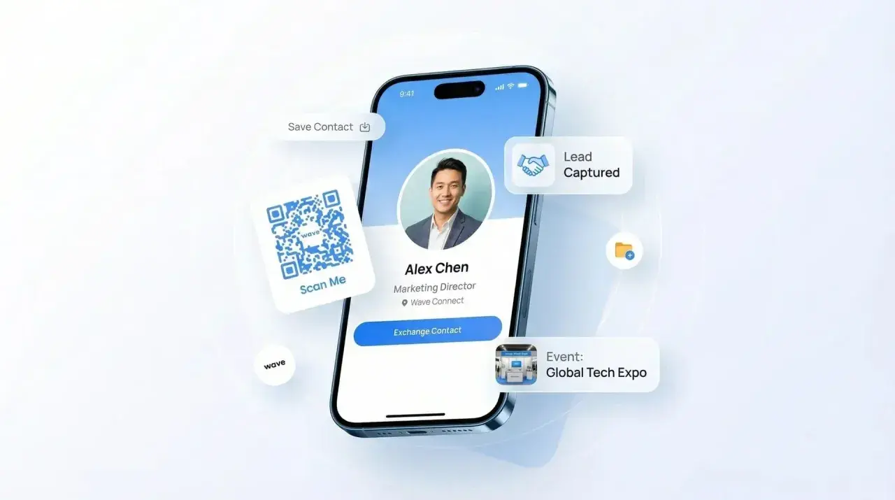 Un teléfono muestra un perfil de Alex Chen, Director de Marketing. Un código QR y burbujas de texto indican "Lead Captured" y "Event: Global Tech Expo", ideal para una feria empresarial.