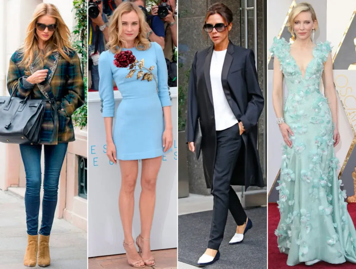 Cuatro mujeres muestran estilos de dress code elegante: casual chic, vestido floral, traje sastre y vestido de gala.