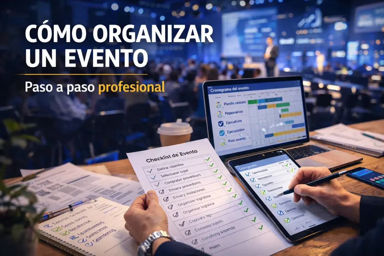 Una organizadora de eventos revisa listas y cronogramas en una laptop y tablet, preparándose para un evento profesional.