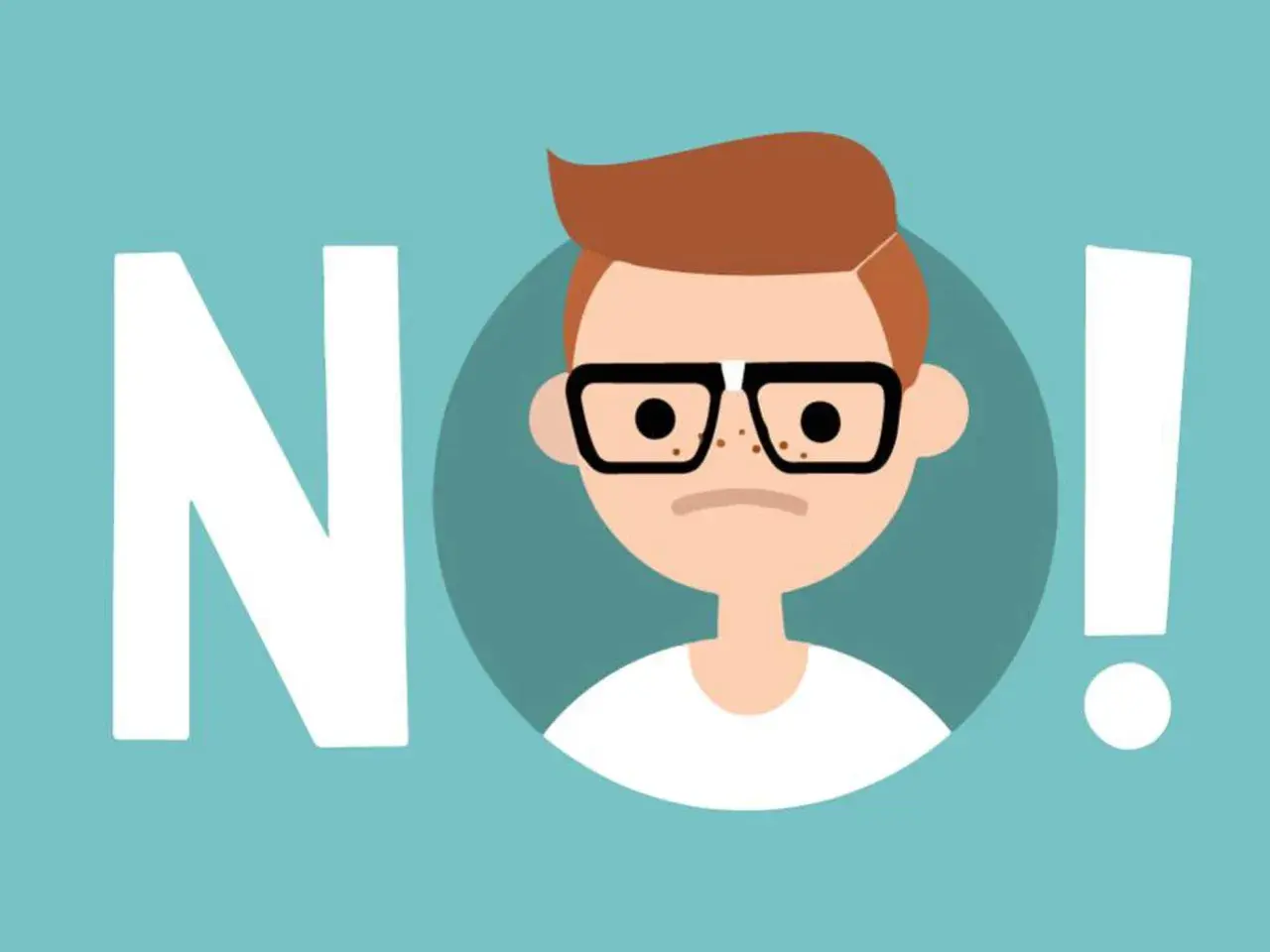 Chico con gafas y pecas, rodeado por la palabra "NO!". Aprende a decir no con ejemplos claros.