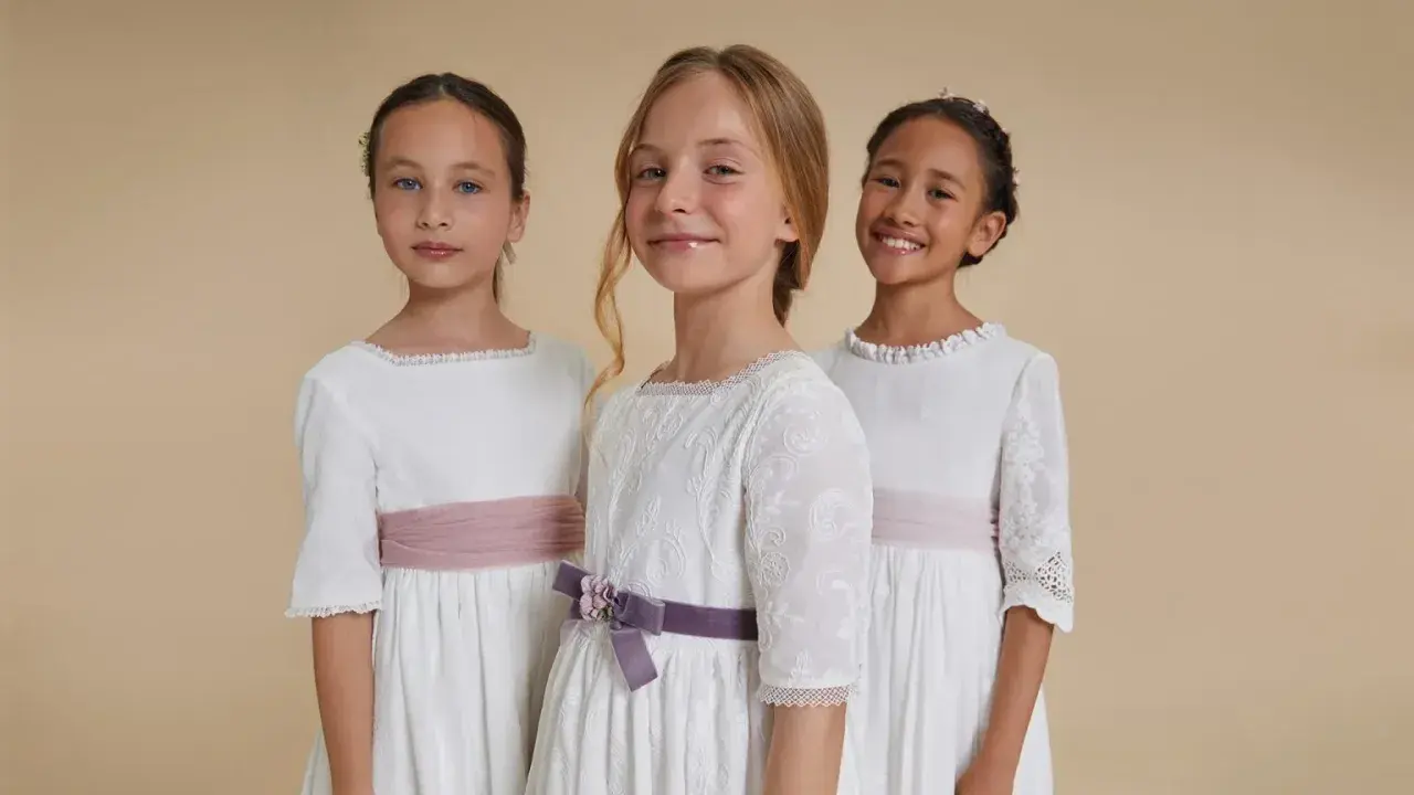 Tres niñas con vestidos blancos de comunión, cinturones rosas y morados. Ideas para sorprender a una niña en su comunión.