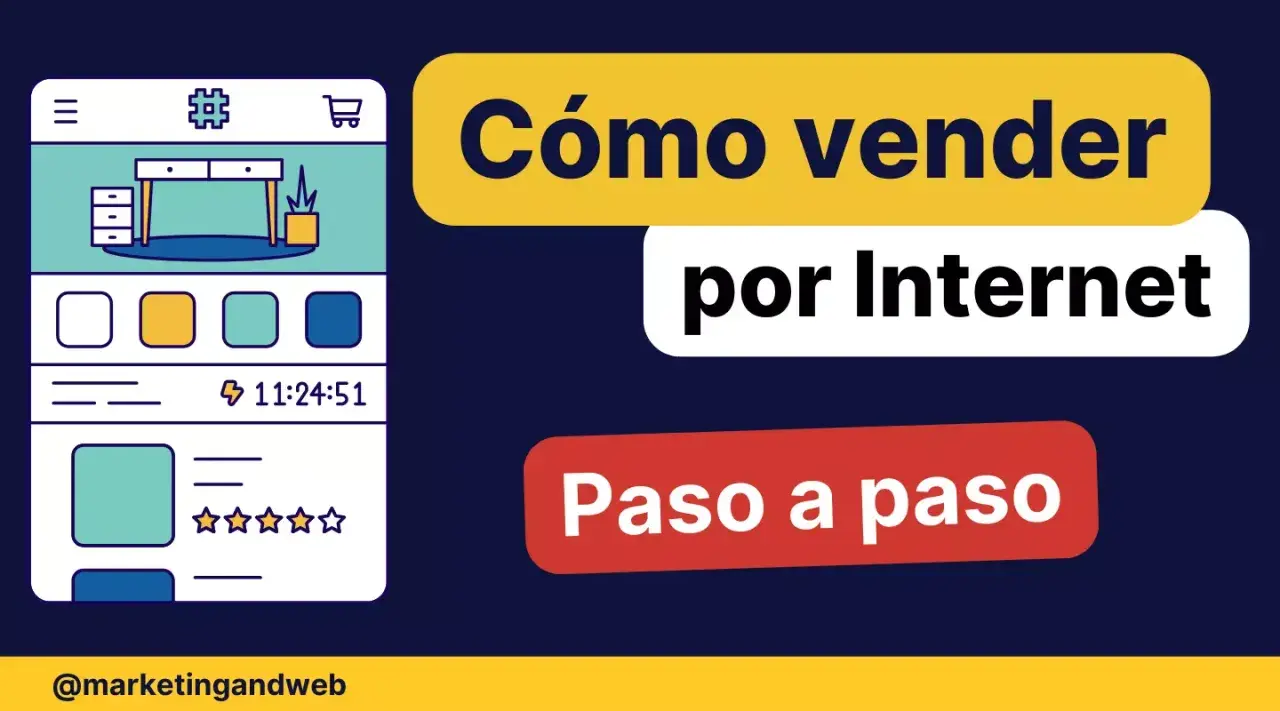 Ilustración de un teléfono móvil mostrando un escritorio y un carrito de compras, con el texto "Cómo vender por Internet paso a paso", ideal para el desarrollo de ecommerce.