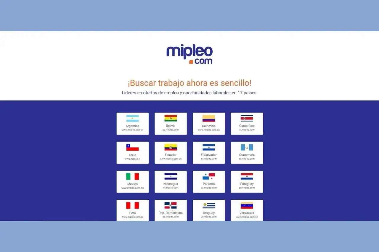 Página web de Mipleo.com, con el lema "¡Buscar trabajo ahora es sencillo!". Muestra banderas y enlaces a aplicaciones para buscar trabajo en España y otros 16 países.