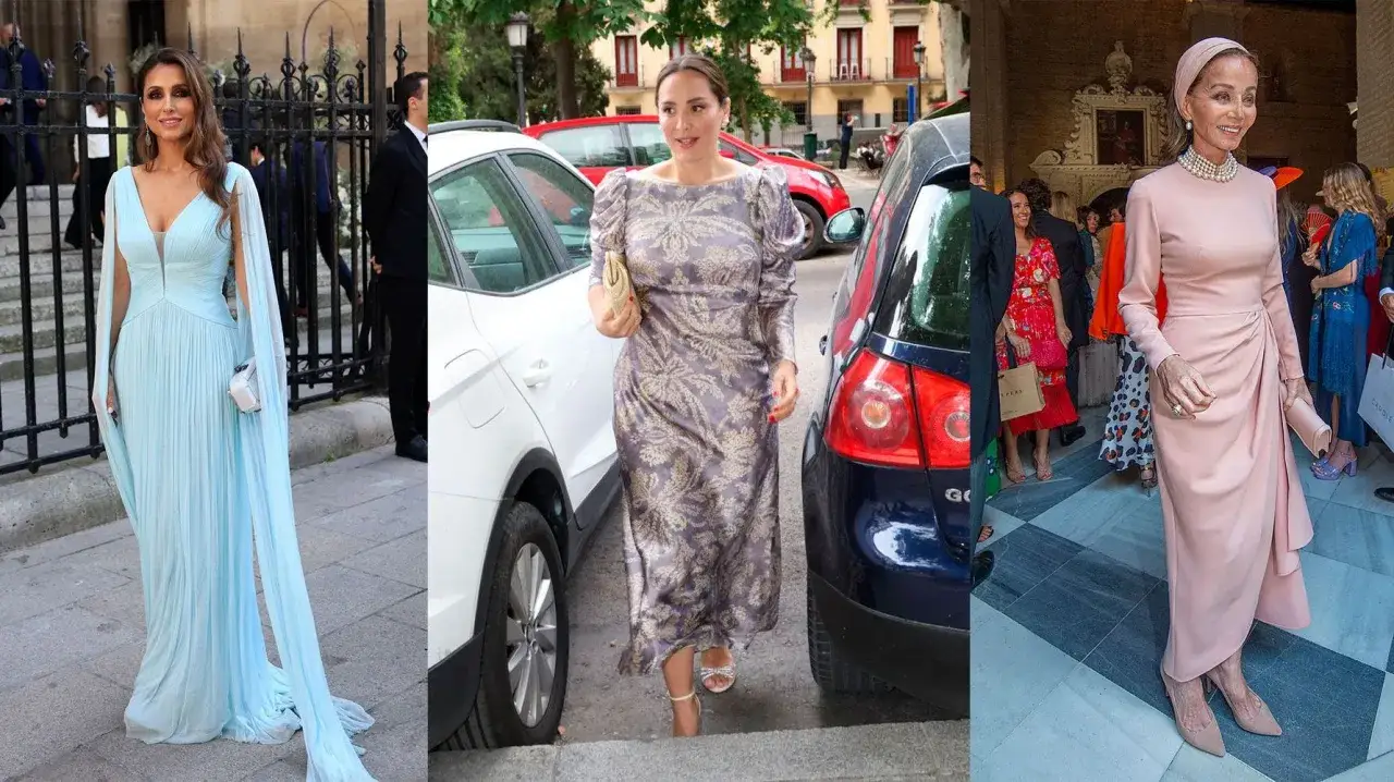 Mujeres con estilos de dress code elegante: un vestido azul vaporoso, uno estampado morado y un traje rosa empolvado.