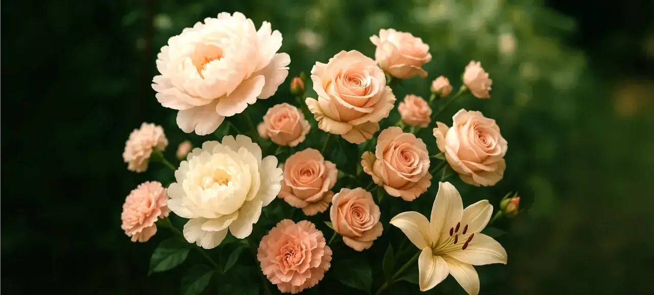 Un ramo de rosas y lirios en tonos pastel, perfecto para bodas en mayo.