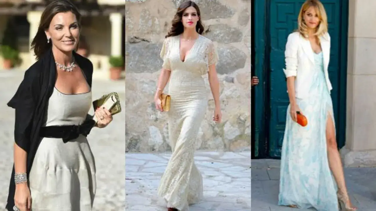 Tres mujeres lucen elegantes vestidos de gala: uno beige con chal negro, otro marfil de encaje y uno azul claro con blazer blanco.