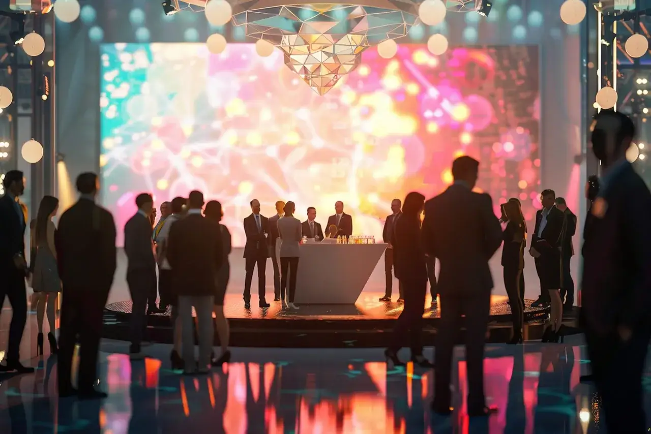 Gente elegante en un evento corporativo, con una pantalla brillante de fondo. Ejemplos de eventos corporativos modernos.