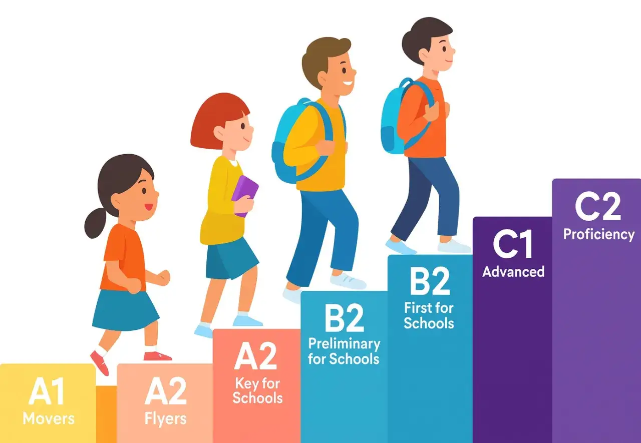 Ni&ntilde;os subiendo escalones de niveles de ingl&eacute;s, desde A1 hasta C2. &iexcl;Encuentra el mejor curso ingl&eacute;s b2 online gratis para avanzar!