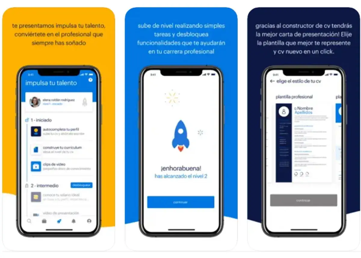 Tres pantallas de m&oacute;vil muestran una app para buscar trabajo en Espa&ntilde;a: 