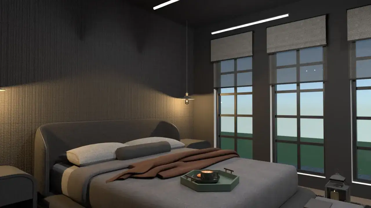 Habitaci&oacute;n moderna con cama grande, manta y bandeja con caf&eacute;. Las ventanas grandes dejan entrar la luz, pero a&uacute;n as&iacute; no puedo dormir.
