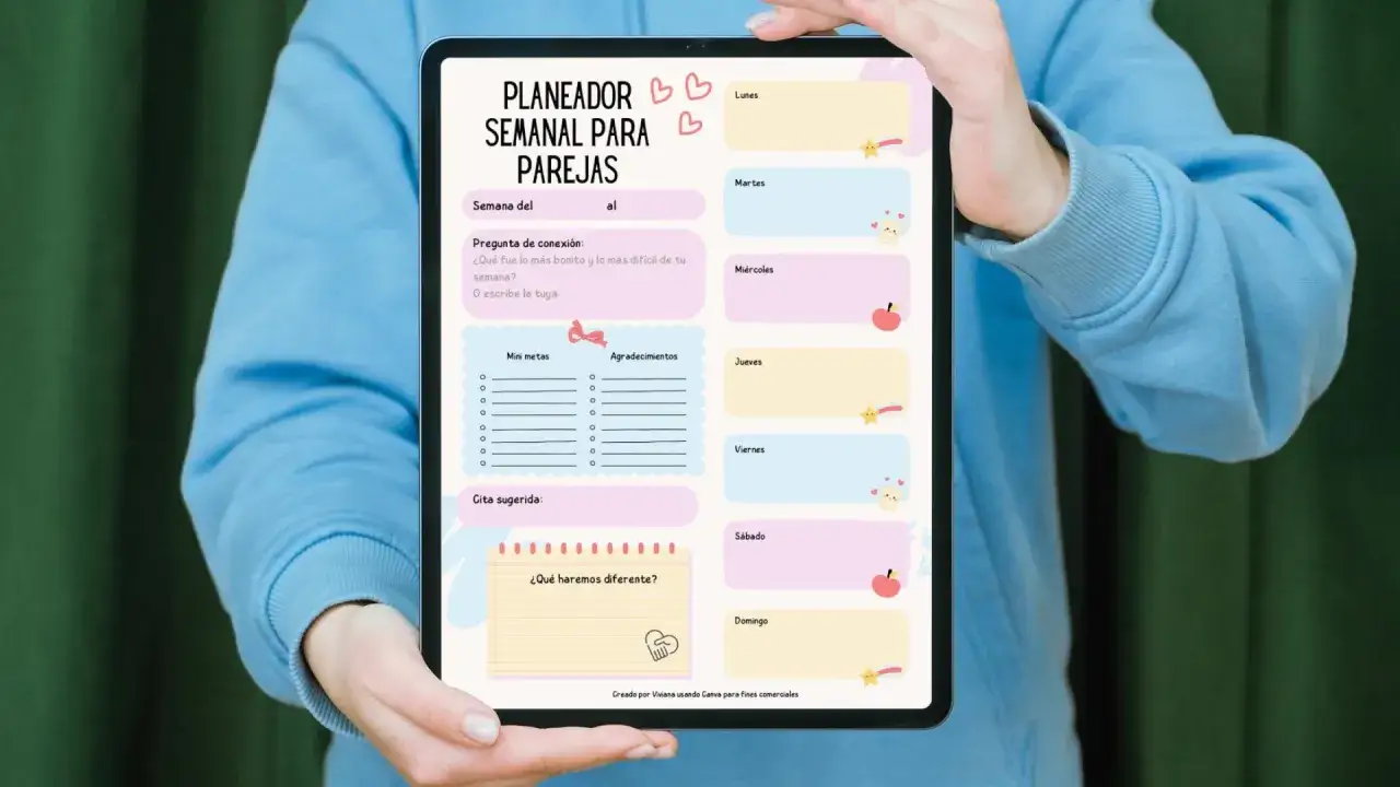 Planificador semanal para parejas, ideal para mejorar la relaci&oacute;n. Incluye preguntas de conexi&oacute;n, metas, agradecimientos y citas sugeridas.