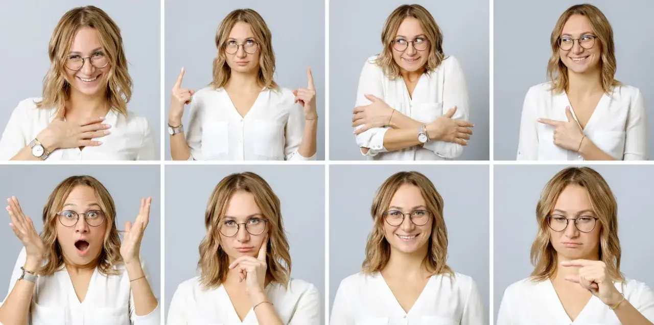 Ocho expresiones faciales de una mujer con gafas, mostrando señales de que si te van a contratar: confianza, sorpresa, duda, alegría.