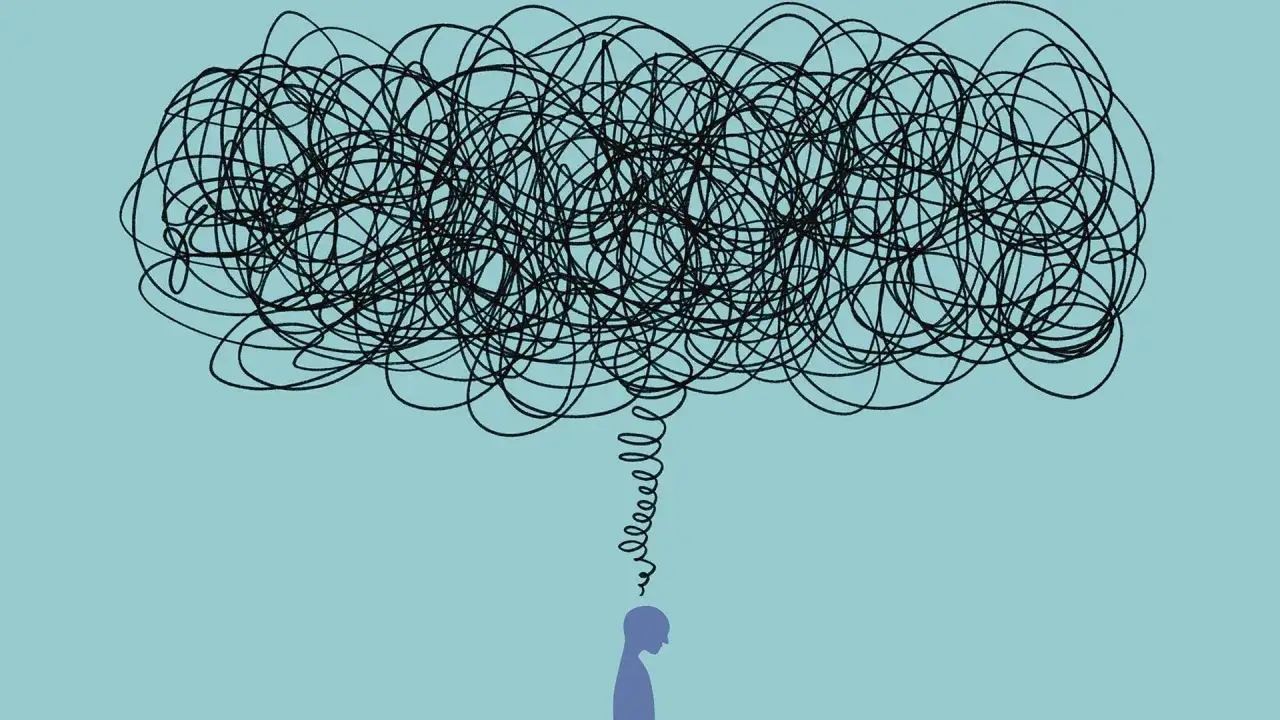 Una silueta azul con una mara&ntilde;a de pensamientos negros sobre su cabeza, ilustrando el significado de darle vueltas a las cosas.