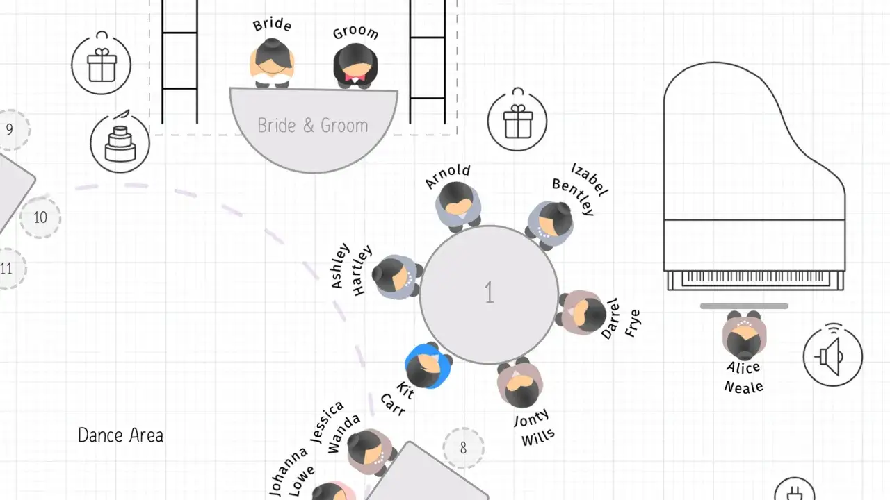 Plano de organizador mesas boda con invitados sentados en mesas circulares y rectangulares, &aacute;rea de baile y piano de cola.