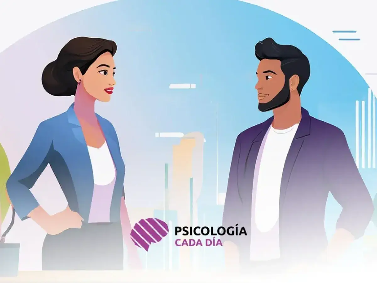 Dos personas conversan, un hombre y una mujer, en un entorno de oficina. La imagen evoca la importancia de la comunicación asertiva para el bienestar.