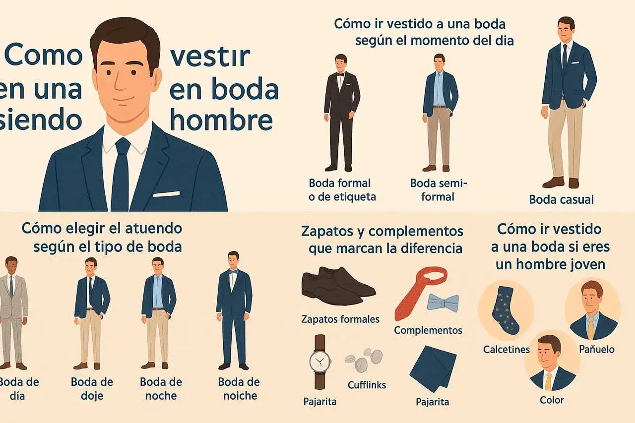 Gu&iacute;a de dress code ejemplos para bodas: c&oacute;mo vestir seg&uacute;n el tipo de evento, hora y edad. Incluye trajes, zapatos y complementos.