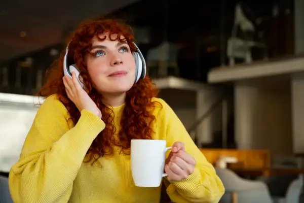 Chica con cabello rizado y suéter amarillo, con auriculares y taza, disfrutando de lo que parece ser la mejor manera de aprender inglés.